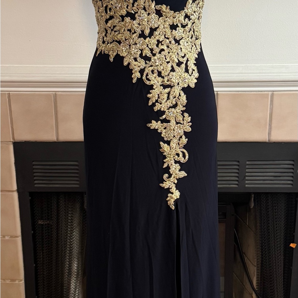 Blondie Nites Blue Gown with Gold Lace and Sequin Accents